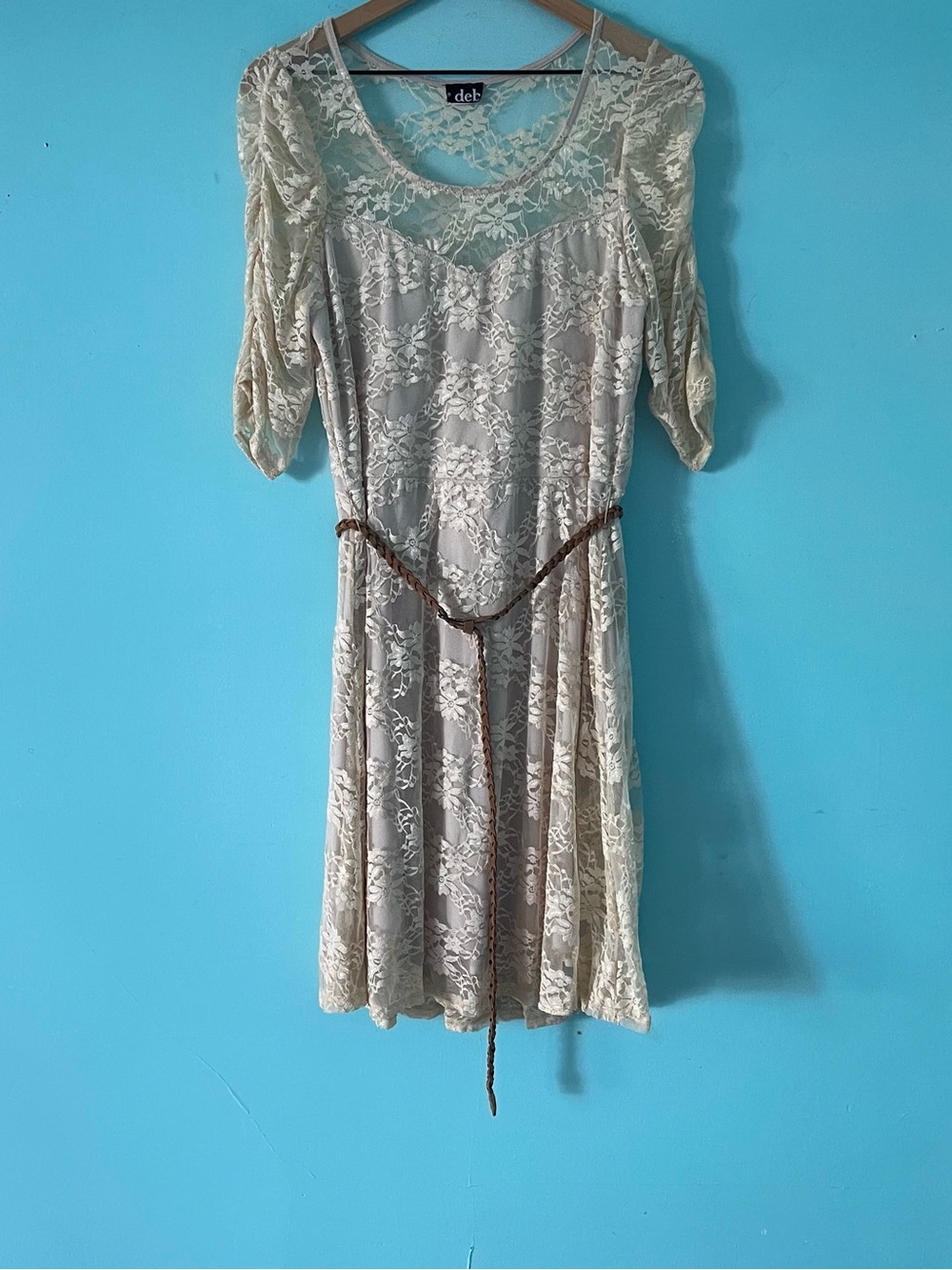 DEB Vintage Floral Lace Whimsygoth Mesh Dress 1X Braided Belt Fairy Boho Ivory